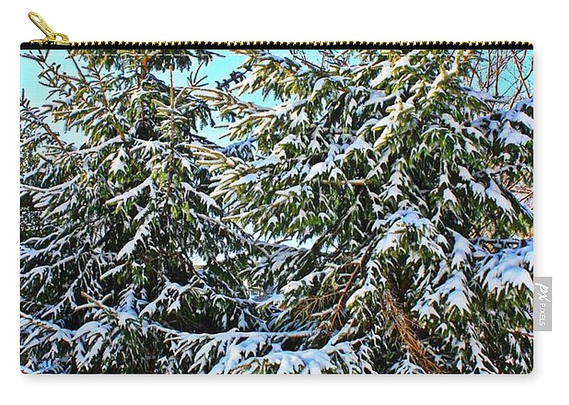 Pine Trees Zip Pouch featuring the photograph Snow Covered Pines by Judy Palkimas