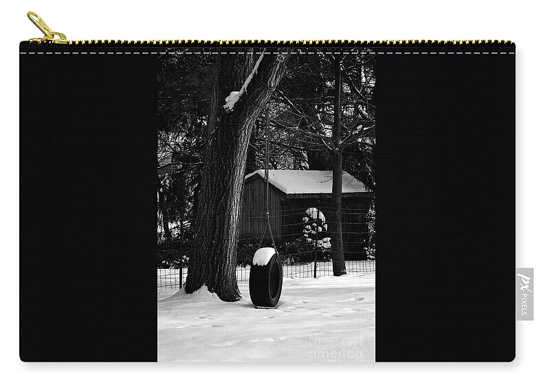 Winter Landscape Zip Pouch featuring the photograph Snow on Tire Swing by Frank J Casella