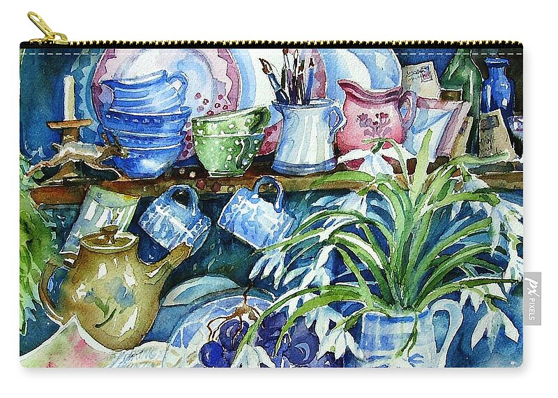Snowdrops Zip Pouch featuring the painting Snowdrops on a Kitchen Dresser by Trudi Doyle
