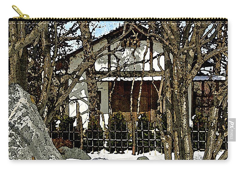 Japanese Garden Zip Pouch featuring the digital art Snowfall and the Japanese Garden House by Gary Olsen-Hasek