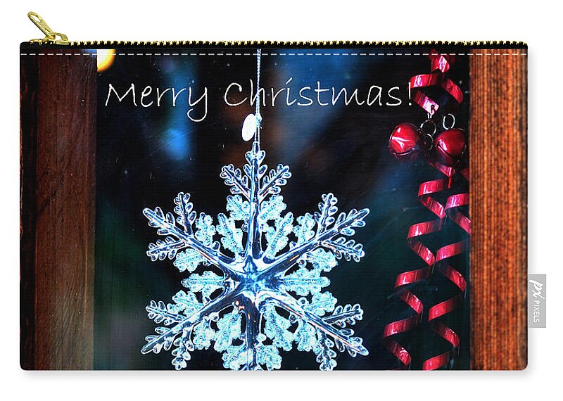 Christmas Zip Pouch featuring the pyrography Snowflake In Window Text 20507 by Jerry Sodorff
