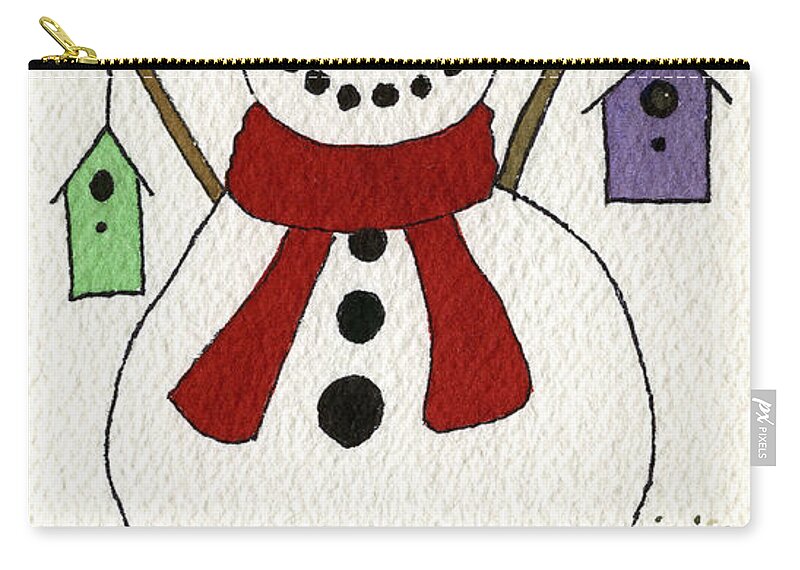Snowman And Birds Greeting Card Zip Pouch featuring the painting Snowman and Birds by Norma Appleton
