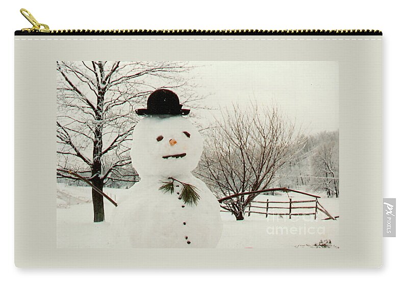 Winter Zip Pouch featuring the photograph Snowman Enjoying a Snowy Day by Anna Lisa Yoder