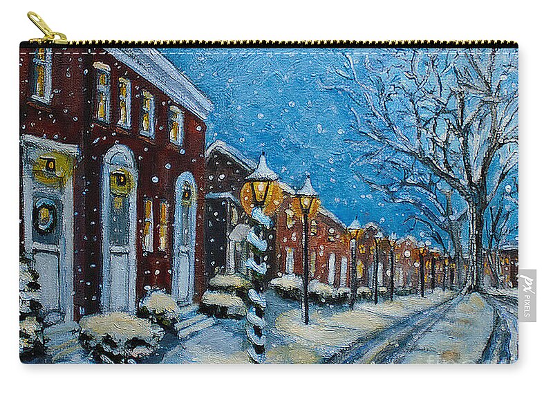Garden Crest Apartments Zip Pouch featuring the painting Snowy Evening in Garden Crest by Rita Brown