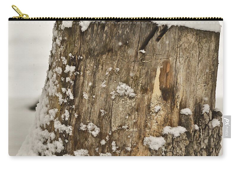 Snow Zip Pouch featuring the mixed media Snowy Stumptown by Trish Tritz