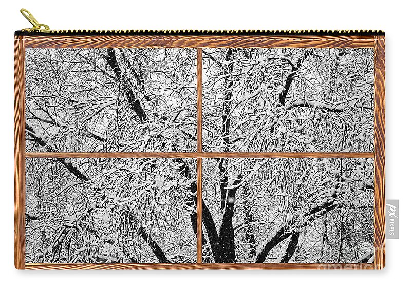 Windows Zip Pouch featuring the photograph Snowy Tree Branches Barn Wood Picture Window Frame View by James BO Insogna