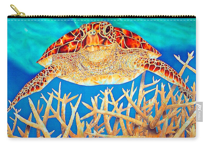Sea Turtle Zip Pouch featuring the painting Sea Turtle Soaring over Staghorn by Daniel Jean-Baptiste