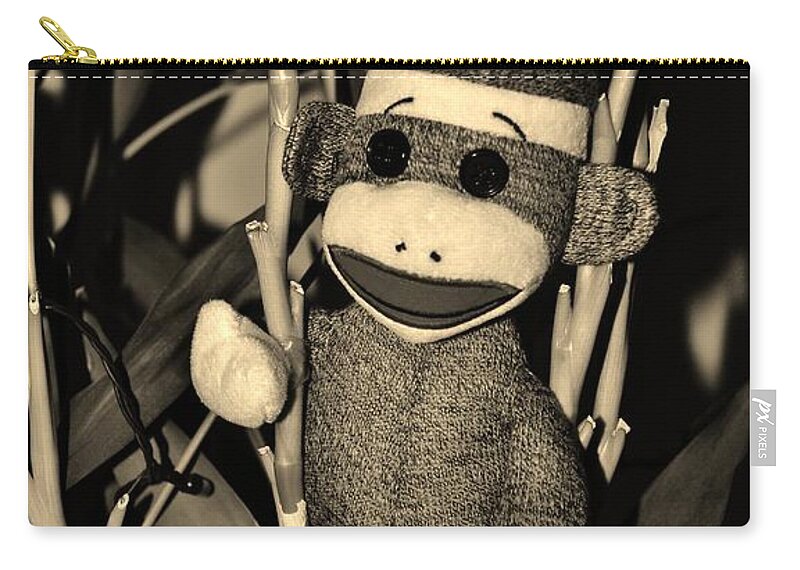 Monkey Zip Pouch featuring the photograph SOCK MONKEY in HIS NATURAL HABITAT in SEPIA by Rob Hans