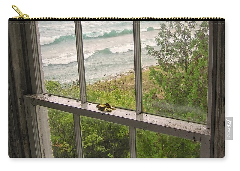 Landscapes Zip Pouch featuring the photograph South Manitou Island Lighthouse Window by Mary Lee Dereske