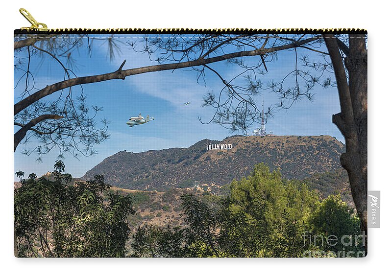 Space Shuttle Endeavour Over Los Angeles Ca Zip Pouch featuring the photograph Space shuttle Endeavour over Hollywood Sign by David Zanzinger
