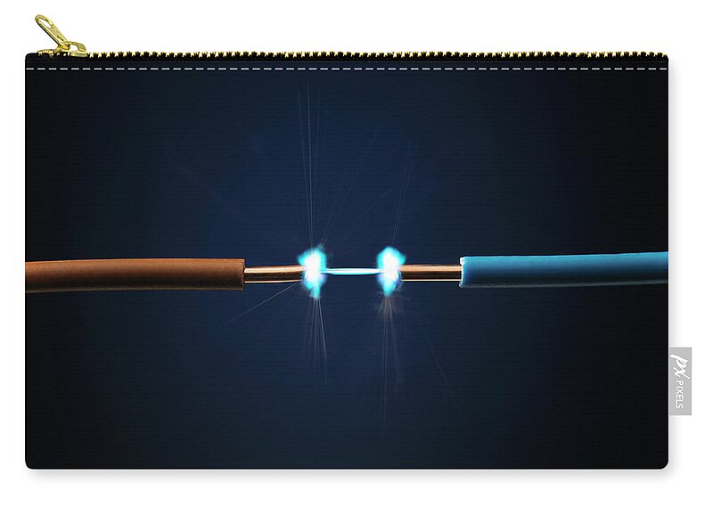 Netherlands Zip Pouch featuring the photograph Spark Between Two Cables Against A Blue by Stuart Minzey