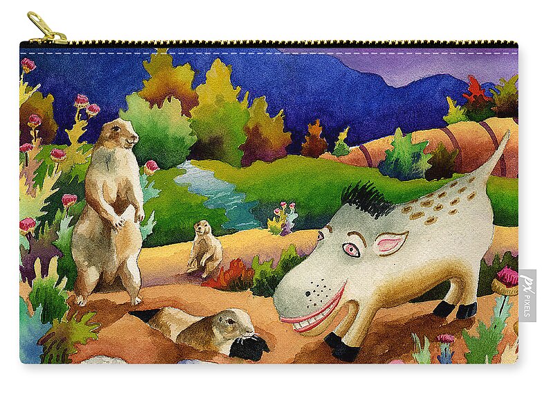 Spike The Dhog Painting Zip Pouch featuring the painting Spike the Dhog Chats with Some Friendly Prairie Dhogs by Anne Gifford