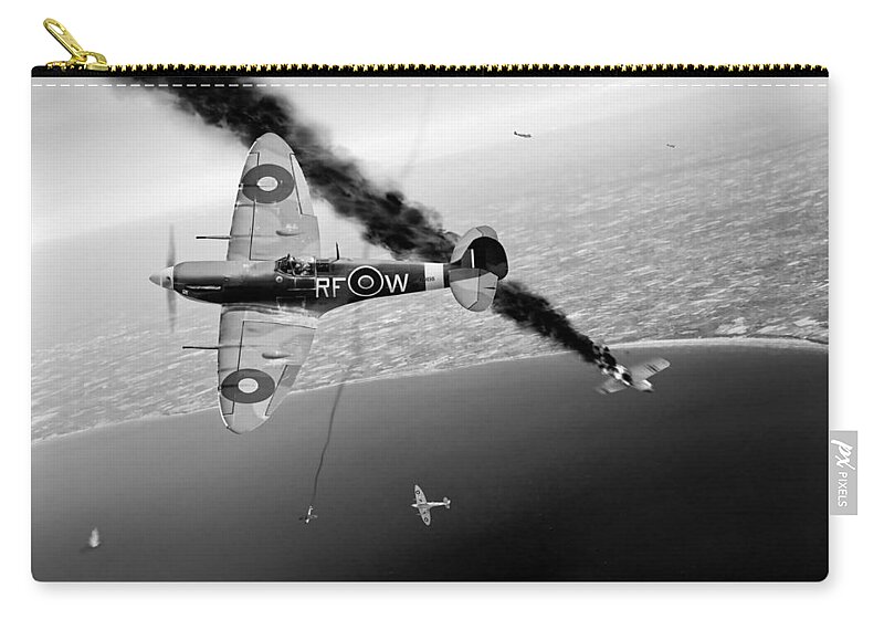 Spitfires Zip Pouch featuring the photograph RAF Spitfires in Channel dogfight black and white version by Gary Eason
