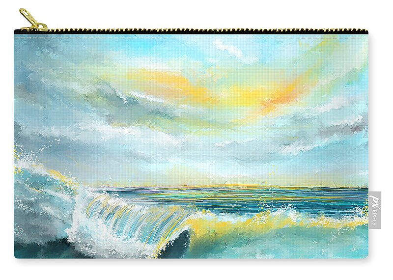 Turquoise Zip Pouch featuring the painting Splash Of Sun - Seascapes Sunset Abstract Painting by Lourry Legarde