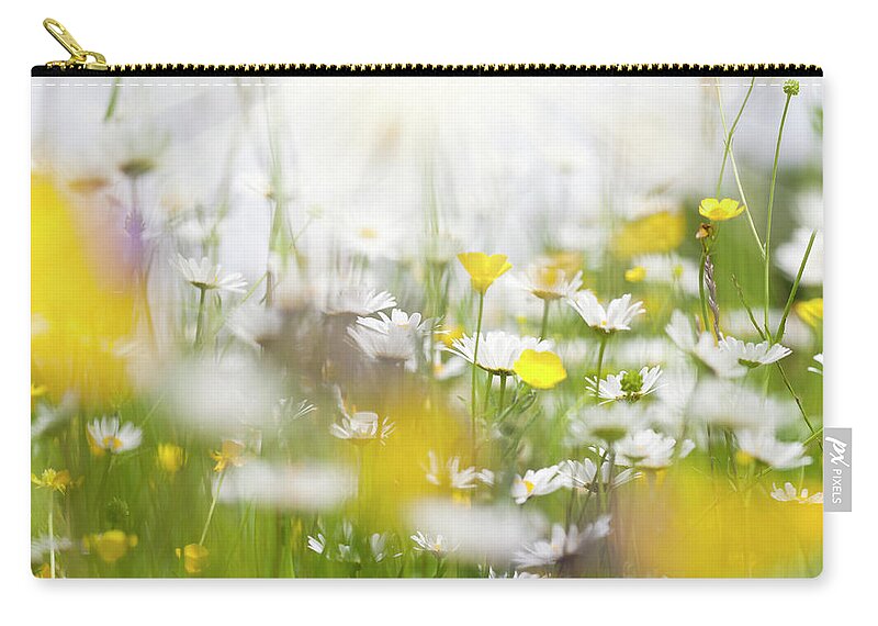 Scenics Zip Pouch featuring the photograph Spring Meadow With Daisy Flowers by Crossbrain66