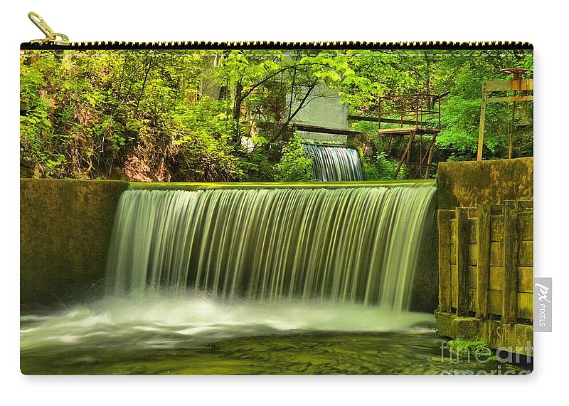 Spring Mill State Park Zip Pouch featuring the photograph Spring Mill Spillway by Adam Jewell