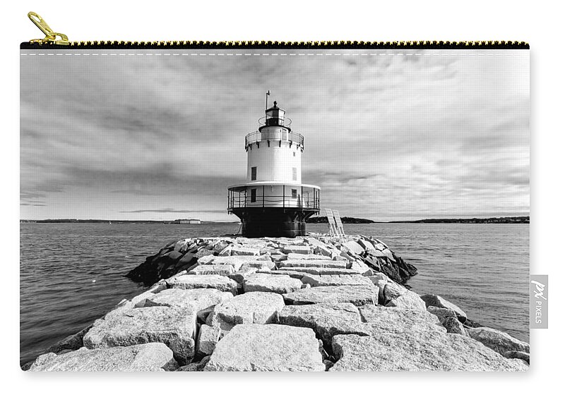 Spring Point Ledge Light Zip Pouch featuring the photograph Spring Point Ledge Light in Black and White by Jenny Hudson