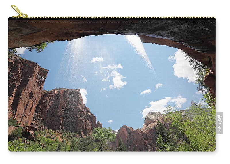Scenics Zip Pouch featuring the photograph Spring Water Spray And Red Mountains by Arturbo