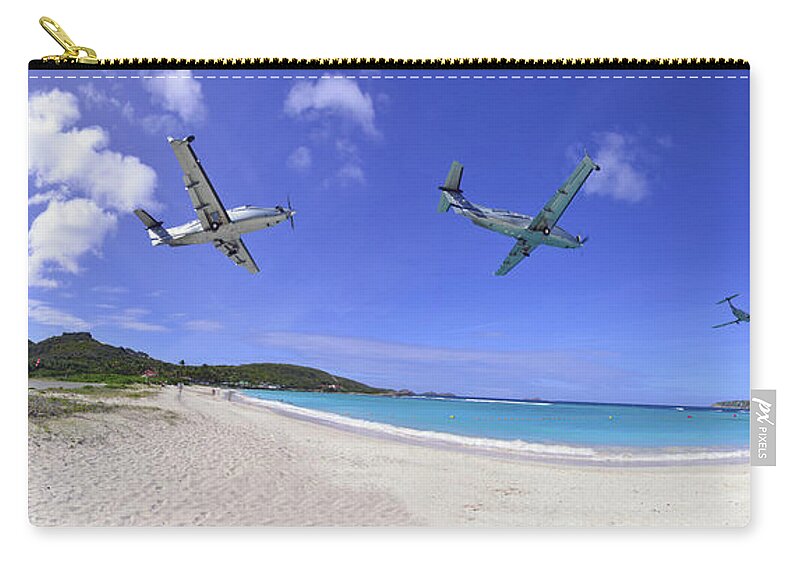 Airplane Zip Pouch featuring the photograph St Barts Takeoff Pano by Matt Swinden