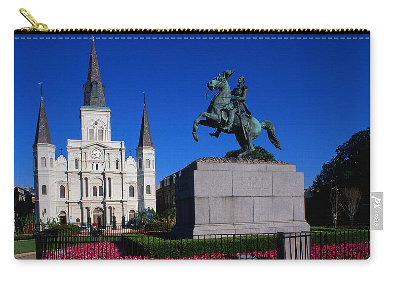 Horse Zip Pouch featuring the photograph St Louis Cathedral With Statue Of by John Elk