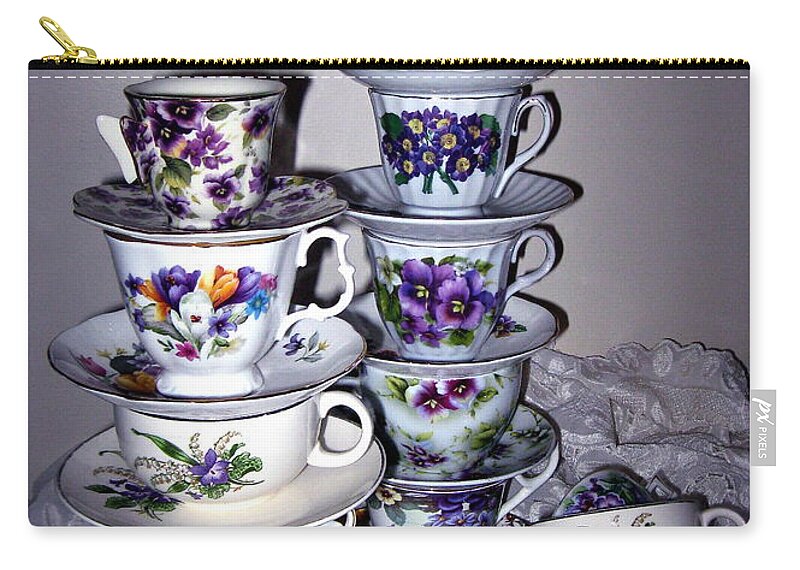 Purple Tea Cups Zip Pouch featuring the photograph Stacks of Purple Teacups by Nancy Patterson