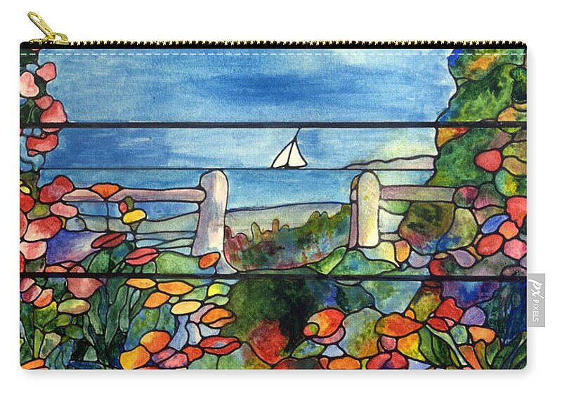 Donna Walsh Zip Pouch featuring the painting Stained Glass Tiffany Landscape Window with Sailboat by Donna Walsh