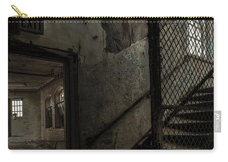 Old Stairs Zip Pouch featuring the photograph Stairs And Corridor Inside An Abandoned Asylum by Gary Heller