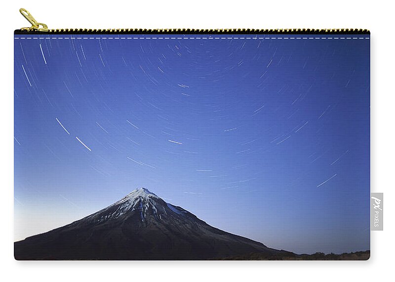 Feb0514 Zip Pouch featuring the photograph Star Trails Over Mt Taranaki New Zealand by Harley Betts