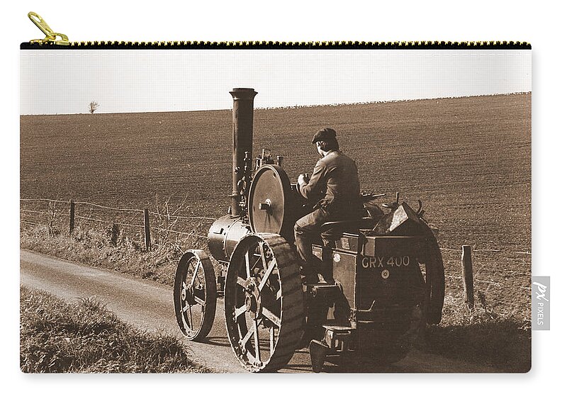 Steam Tractor Farm Vintage Field Sepia Engine Rustic Zip Pouch featuring the photograph Steam tractor by Guy Pettingell