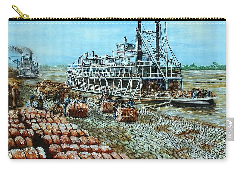 Steamboats Zip Pouch featuring the painting Steamboat Unloading Cotton in Memphis by Karl Wagner