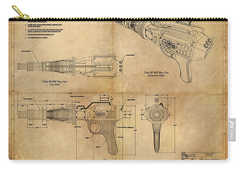 Steampunk; Gears; Housing; Cogs; Machinery; Lathe; Columns; Brass; Copper; Gold; Ratio; Rotation; Elegant; Forge; Industry; Plasma Zip Pouch featuring the painting Steampunk Raygun by James Hill