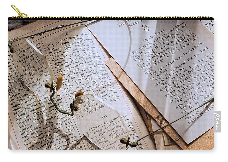 Antique Book Zip Pouch featuring the photograph Still Life - Antique Glasses and Devotional by Jon Woodhams