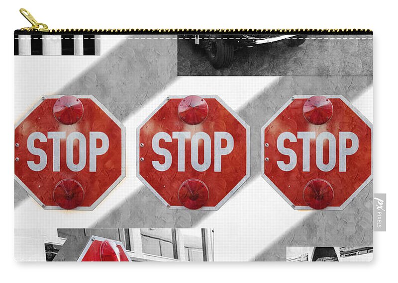  Bus Zip Pouch featuring the photograph Stop For Students Painterly BW Red Signs by Andee Design