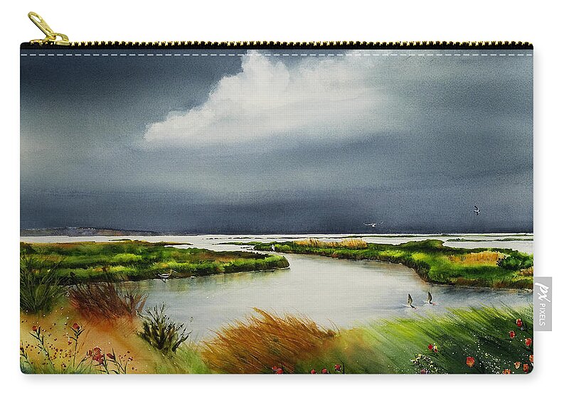 Marsh Zip Pouch featuring the painting Storm Watch by Phyllis London