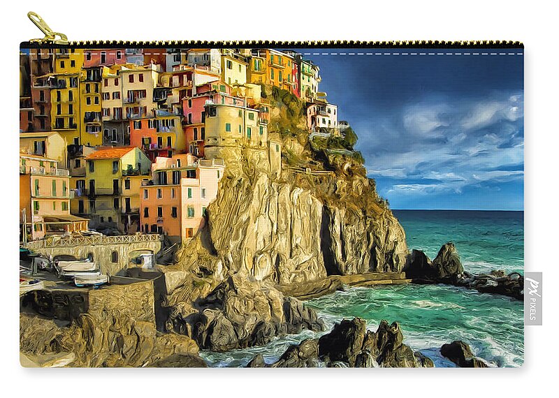 Stormy Zip Pouch featuring the painting Stormy Day in Manarola - Cinque Terre by Dominic Piperata