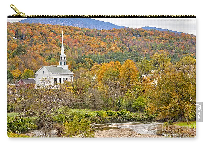 Stowe Zip Pouch featuring the photograph Stowe Vermont community church and Little River by Ken Brown