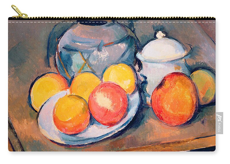 Still Life Zip Pouch featuring the painting Straw Covered Vase Sugar Bowl and Apples by Paul Cezanne