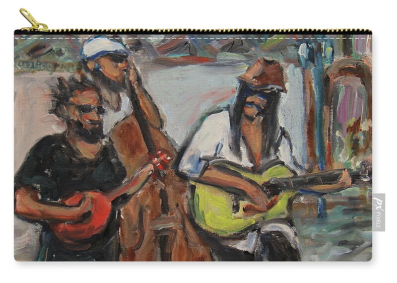 Music Zip Pouch featuring the painting Street Performance - left hand 2 by Xueling Zou