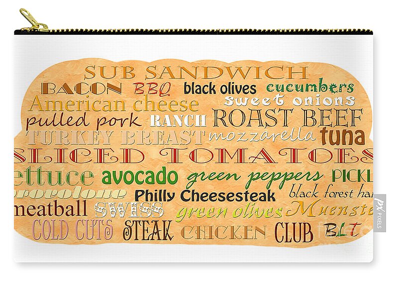 Food Zip Pouch featuring the digital art Sub Sandwich Typography by Andee Design