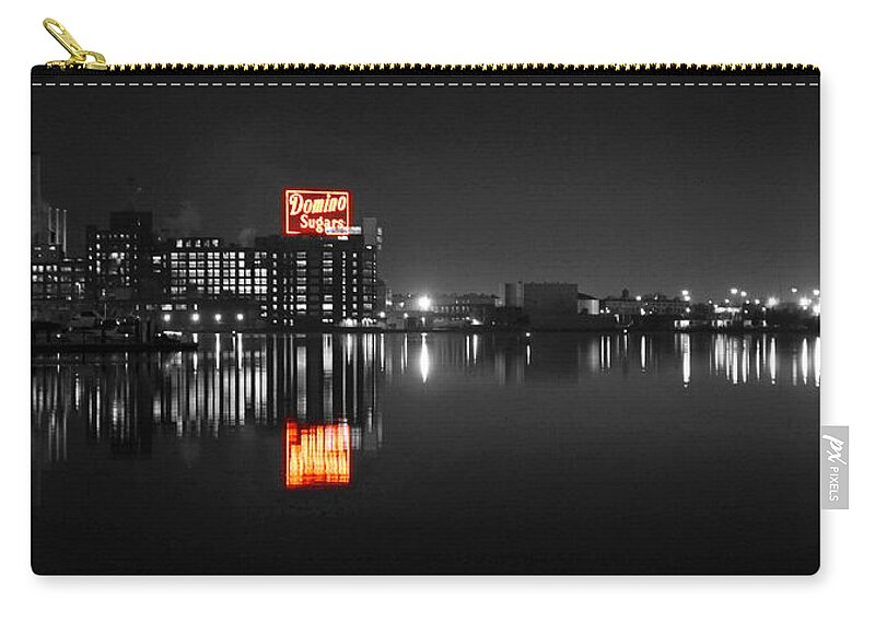 Baltimore Zip Pouch featuring the photograph Sugar Glow - Classic Iconic Domino Sugars Neon Sign, Inner Harbor Baltimore, Maryland - Color Splash by Billy Beck
