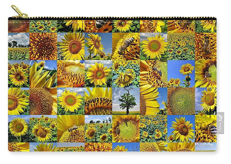 Sunflower Zip Pouch featuring the photograph Sunflower field collage in yellow by Daliana Pacuraru