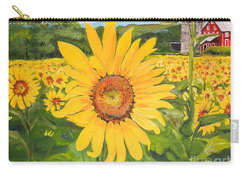 Sunflower Carry-all Pouch featuring the painting Sunflowers - Red Barn - Pennsylvania by Jan Dappen