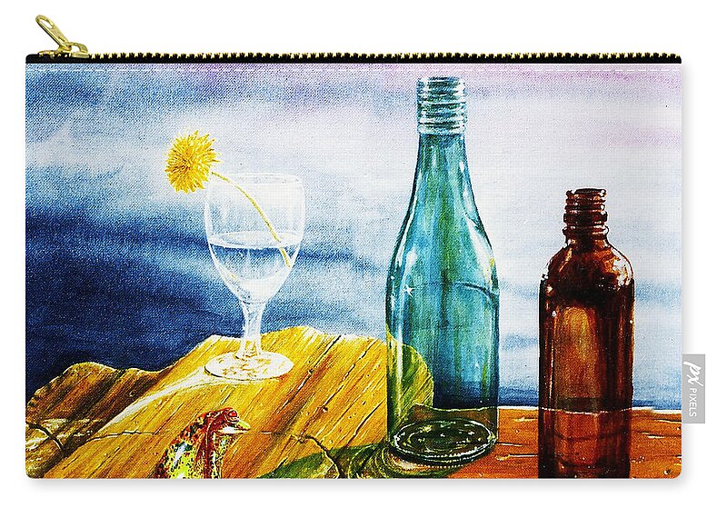 Sunlit Zip Pouch featuring the painting Sunlit Bottles by Hartmut Jager