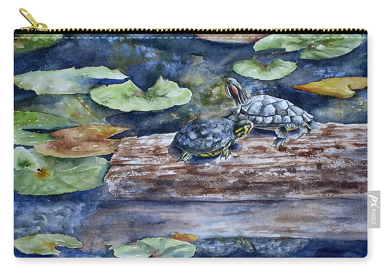 Sliders Zip Pouch featuring the painting Sunning Sliders by Mary McCullah