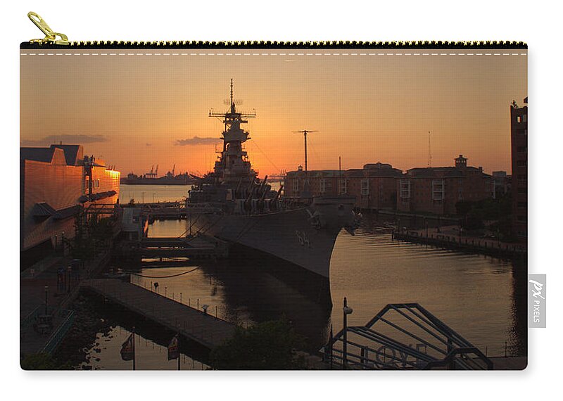 Sunset From Norfolk Zip Pouch featuring the photograph Sunset behind the Wisconsin by Shannon Louder
