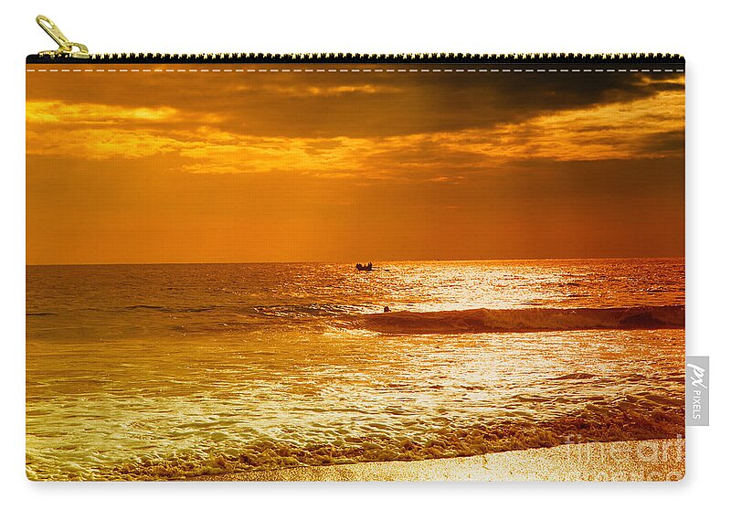 Sunset Zip Pouch featuring the photograph sunset in gold and red at the Hikkaduwa beach by Gina Koch