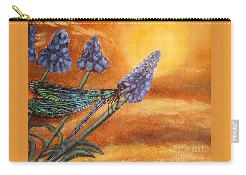 Nature Scene Aquatic Water Scene Ecology With Environmental Message For Conservation For Earth Day Blue Green Dragonfly Blue Prussian Blue Grape Hyacinths Golden Orange Sunset Acrylic Painting Zip Pouch featuring the painting Summer Sunset over a Dragonfly by Kimberlee Baxter