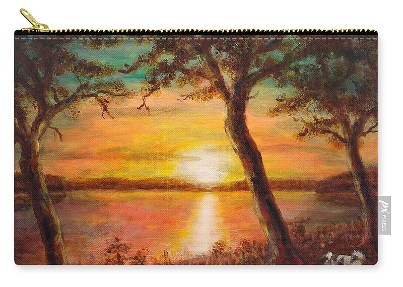 Twilight Landscape Zip Pouch featuring the painting Sunset over the lake by Martin Capek