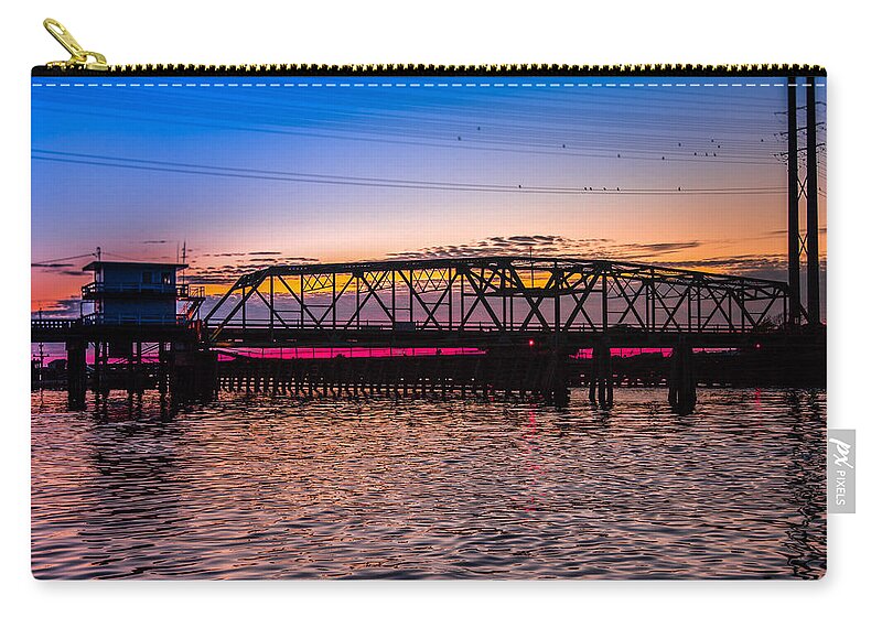 Surf City Swing Bridge Zip Pouch featuring the photograph Surf City Swing Bridge by Karen Wiles