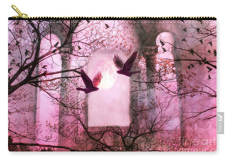 Nature Zip Pouch featuring the photograph Surreal Pink Fantasy Forest Trees Nature With Flying Ravens by Kathy Fornal